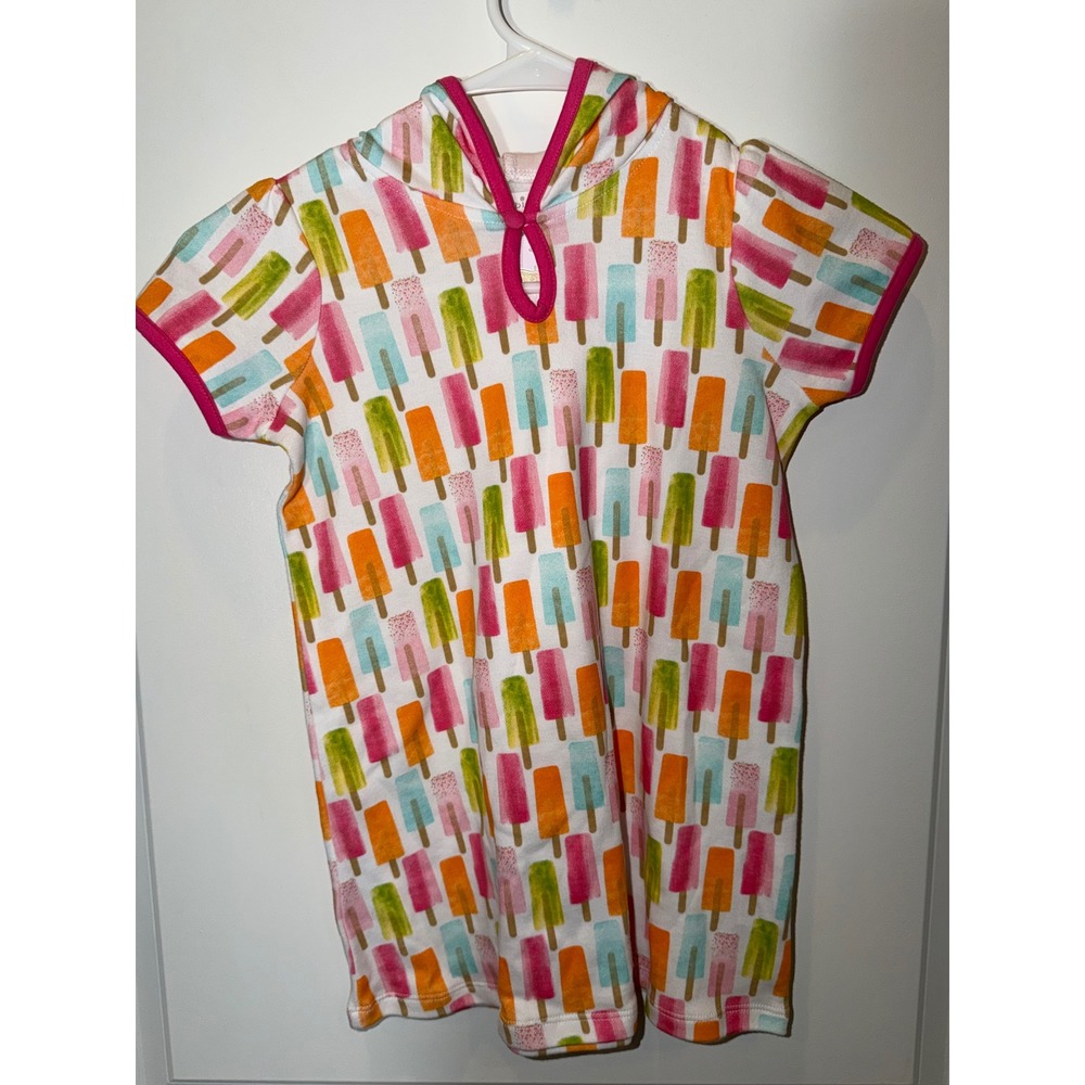 Mud Pie Girls Popsicle Print Hooded Cotton Cover-Up Dress Pink Orange 4T 5T NEW